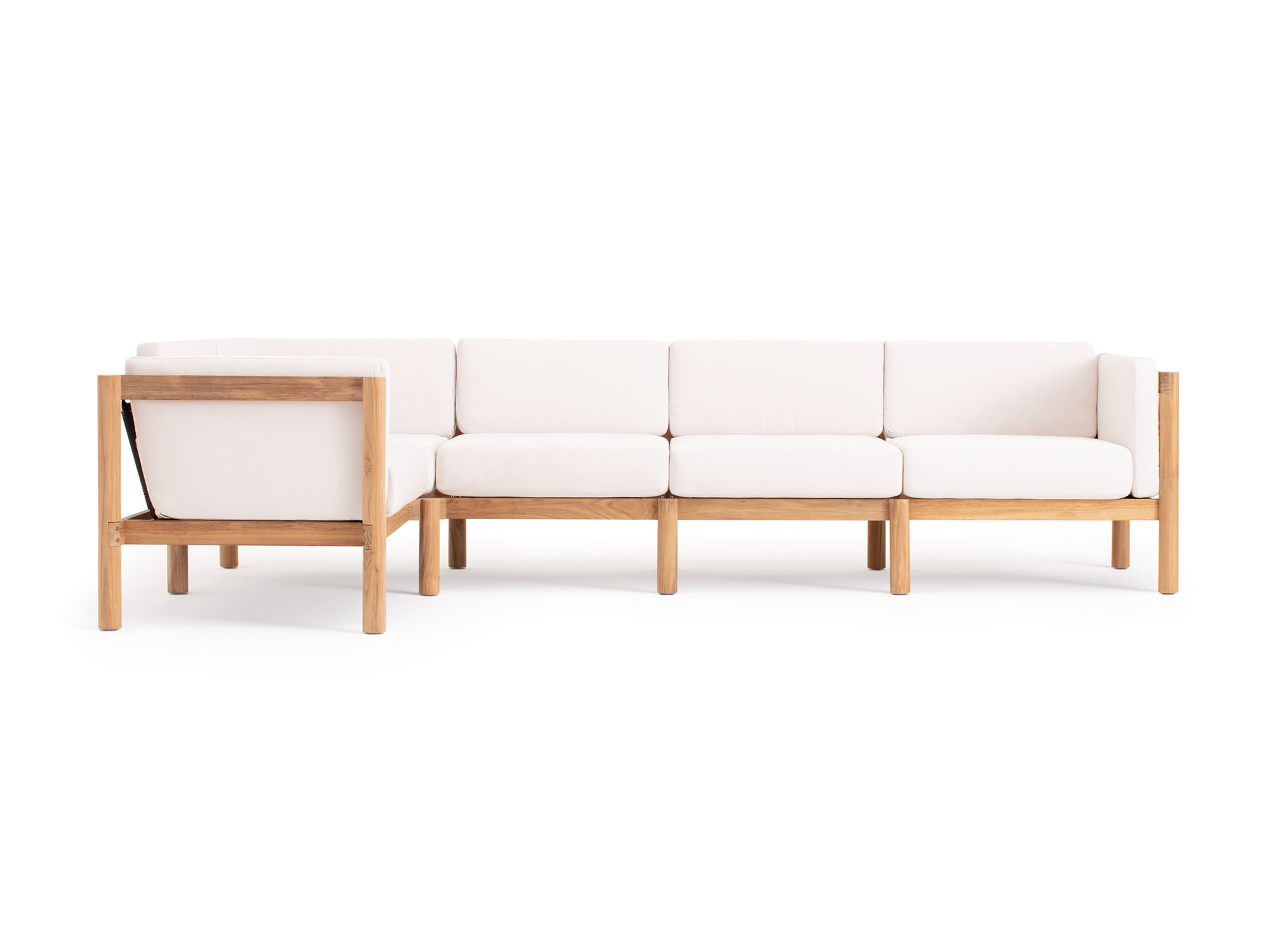 Front view of 5-piece outdoor sectional with white arm cushions